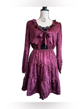 SPEECHLESS Burgundy Satin Jacquard Cutout Mini Dress with Tie Front | Medium